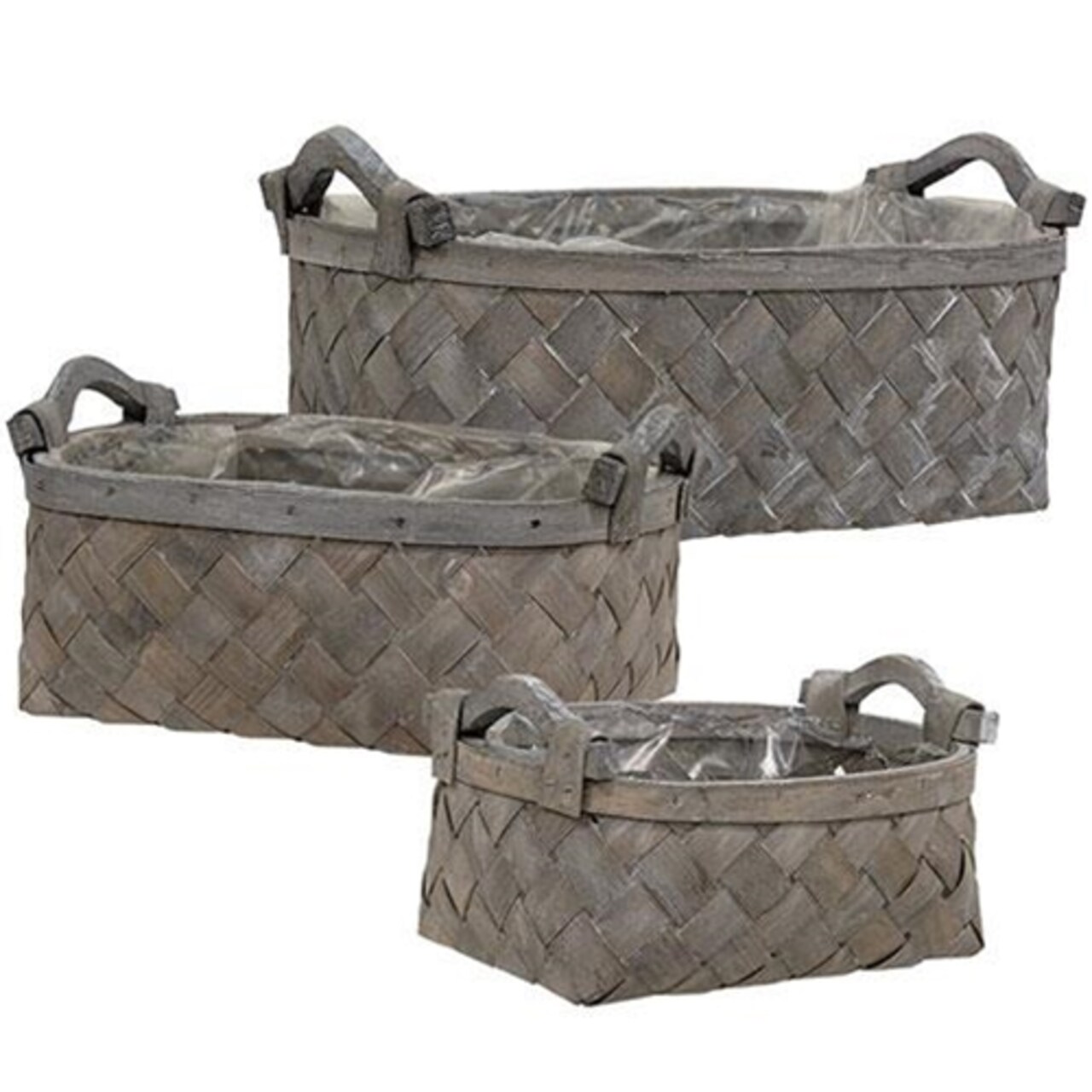 Rustic Graywashed Woven Storage Baskets Set of 3 Wooden Handles